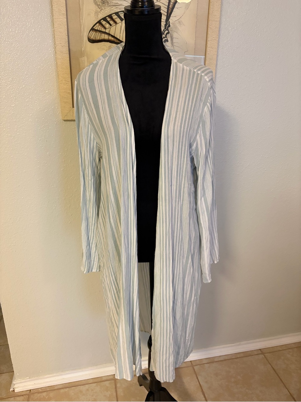 Entro Light Blue & White Striped Long Open Cardigan 1X NWOT
